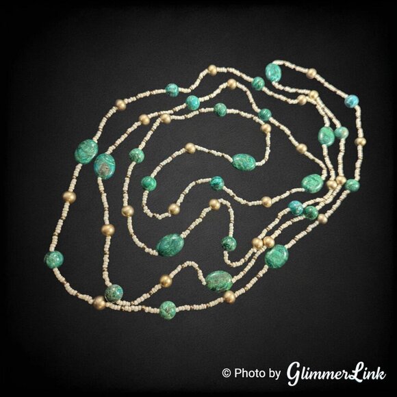 Bohemian Extra Long 84" Green Stone Seed Bead Gold Tone Bead Continuous Necklace - Picture 7 of 13